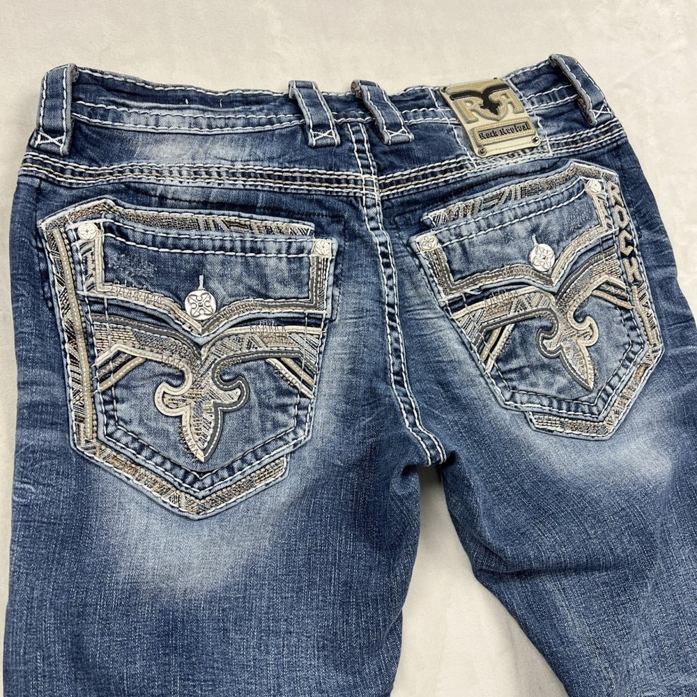 Rock Revival Dimitri Slim Straight Jeans Mens 36 Blue Distressed Stitching